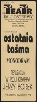 [Plakat] Samuel Beckett "Akt bez słów", "Komedia", "Ostatnia taśma Krappa", "Oddech" ("Acte sans", "Play", "Krapp's last tape", "Breath"), przekład Antoni Libera