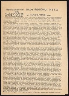 [Druk ulotny] Oświadczenie Rady Regionu NSZZ Solidarność w Gorzowie Wlkp. : Gorzów Wlkp., dnia 7 lipca 1988 r.