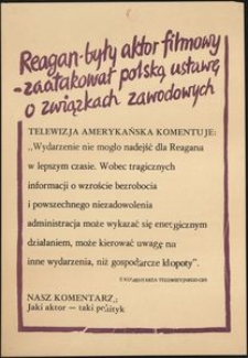 [Plakat] Reagan - były aktor filmowy - zaatakował polską ustawę o związkach zawodowych