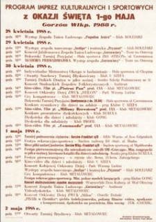 [Druk ulotny] Program imprez kulturalnych i sportowych z Okazji Święta 1-go Maja Gorzów Wlkp. 1988