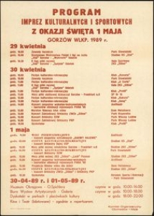 [Afisz] Program imprez kulturalnych i sportowych z okazji Święta 1 Maja Gorzów Wlkp. 1989 r.
