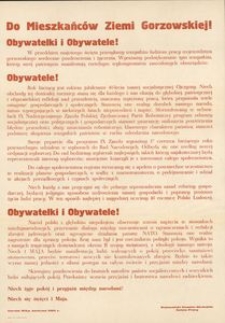 [Afisz] Do Mieszkańców Ziemi Gorzowskiej! Obywatelki i obywatele!