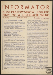 Informator NSZZ Pracowników "Społem" przy PPS w Gorzowie 1985, nr 9