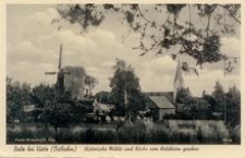 Balz bei Vietz (Ostbahn): Historische Mühle und Kirche vom Waldheim gesehen