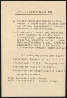 [Druk ulotny] Protestujemy przeciwko systematycznemu łamaniu przez PZPR Konstytucji PRL. Domagamy się dostępu do radia i telewizji