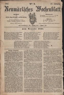 Neum&auml;rksches Wochenblatt : Zeitschrift f&uuml;r Politik, Tages-Ereignisse und Unterhaltung, 1867, Jg. 48, Nr. 1