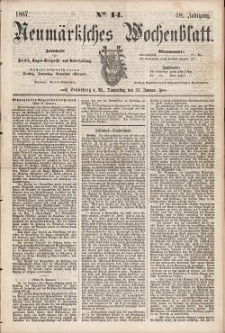 Neum&auml;rksches Wochenblatt : Zeitschrift f&uuml;r Politik, Tages-Ereignisse und Unterhaltung, 1867, Jg. 48, Nr. 14