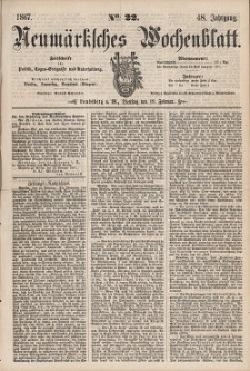 Neum&auml;rksches Wochenblatt : Zeitschrift f&uuml;r Politik, Tages-Ereignisse und Unterhaltung, 1867, Jg. 48, Nr. 22