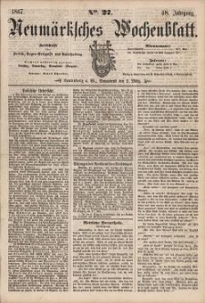 Neum&auml;rksches Wochenblatt : Zeitschrift f&uuml;r Politik, Tages-Ereignisse und Unterhaltung, 1867, Jg. 48, Nr. 27
