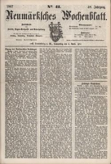 Neum&auml;rksches Wochenblatt : Zeitschrift f&uuml;r Politik, Tages-Ereignisse und Unterhaltung, 1867, Jg. 48, Nr. 41