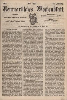 Neum&auml;rksches Wochenblatt : Zeitschrift f&uuml;r Politik, Tages-Ereignisse und Unterhaltung, 1867, Jg. 48, Nr. 43