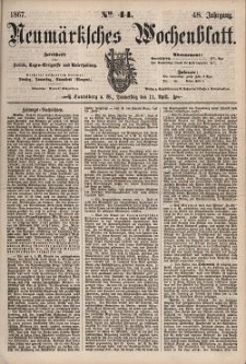 Neum&auml;rksches Wochenblatt : Zeitschrift f&uuml;r Politik, Tages-Ereignisse und Unterhaltung, 1867, Jg. 48, Nr. 44