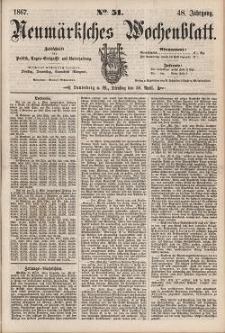 Neum&auml;rksches Wochenblatt : Zeitschrift f&uuml;r Politik, Tages-Ereignisse und Unterhaltung, 1867, Jg. 48, Nr. 51