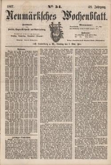 Neum&auml;rksches Wochenblatt : Zeitschrift f&uuml;r Politik, Tages-Ereignisse und Unterhaltung, 1867, Jg. 48, Nr. 54