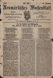 Neum&auml;rksches Wochenblatt : Zeitschrift f&uuml;r Politik, Tages-Ereignisse und Unterhaltung, 1867, Jg. 48, Nr. 77